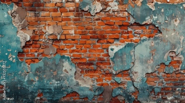 Fototapeta Empty Old Brick Wall Texture. Painted Distressed Wall Surface. Grungy Wide Brickwall. Grunge Red Stonewall Background. Shabby Building Facade With Damaged Plaster. Abstract Web Banner. Copy Space , ai