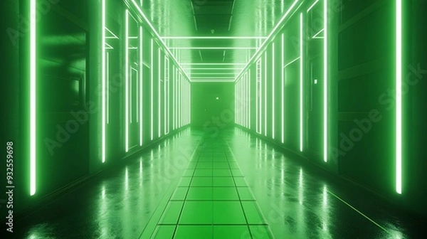 Fototapeta Futuristic green neon hallway with a reflective floor and ceiling.