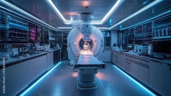 Fototapeta Modern medical imaging room with advanced equipment and lighting.