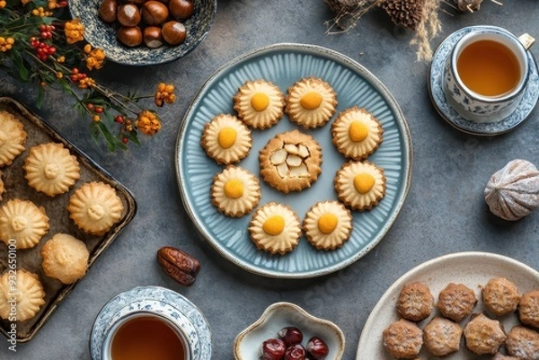 Fototapeta Spanish almond marzipan pastries cookies and sweets on a cozy table for All Saints Day Castanyada Top view