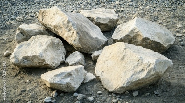 Fototapeta Limestone boulders, irregularly shaped, arranged on a rough surface with small pebbles around. No people, copy space