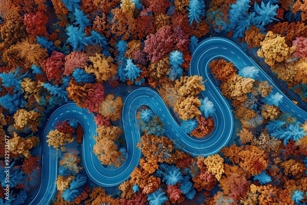 Obraz Top view of winding road through fall forest