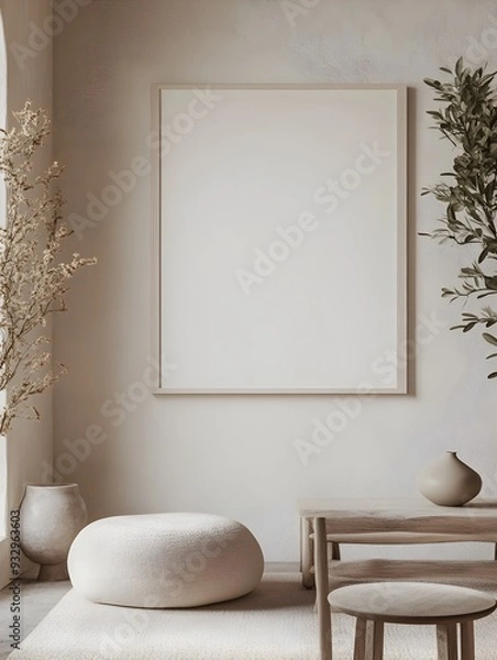 Fototapeta Mockup of a simple white frame inside a bright natural lit Scandinavian style home interior  The neutral tones and clean lines create a calm cozy and atmosphere