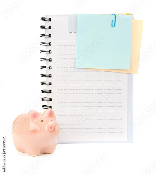 Fototapeta Copybook with stickers and piggy bank