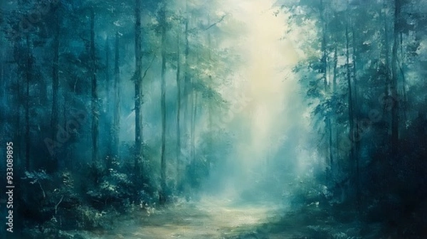 Fototapeta Serene forest scene, towering trees shrouded in mist, deep greens and blues, oil painting with hand brushwork creating a sense of mystery