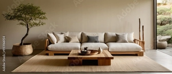 Fototapeta A stylish minimalist living room featuring a light gray sofa, wooden furniture, and a tree artwork. The atmosphere is serene and inviting with natural light and decor.