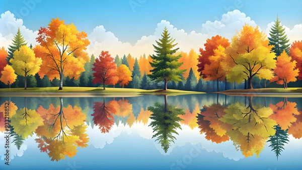 Fototapeta Simple flat vector illustration as Autumn park with colorful foliage concept as A vibrant autumn park with colorful foliage under a clear sky providing a festive and clean background for business pres