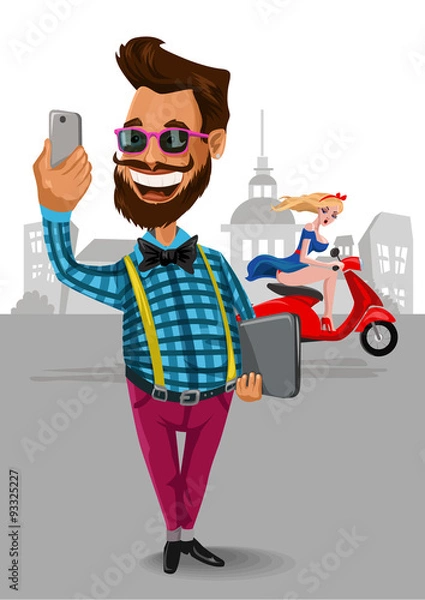 Fototapeta Hipster man  with smartphone phone  make photo of himself  on