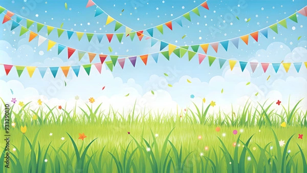 Fototapeta Simple flat vector illustration as Meadow with festive streamers concept as A vibrant meadow adorned with festive streamers under a clear sky capturing the essence of celebration ideal for business pr