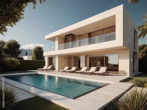 Fototapeta Traditional mediterranean white house with pool,Modern backyard of a swimming pool with house,Trendy outdoor modern house, awning and patio roof, garden lounge, chairs, metal grill surrounded by lands