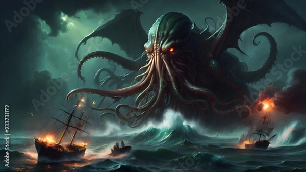 Fototapeta Dark fantasy scene showing Cthulhu the giant sea monster destroying ships, digital art style, illustration painting