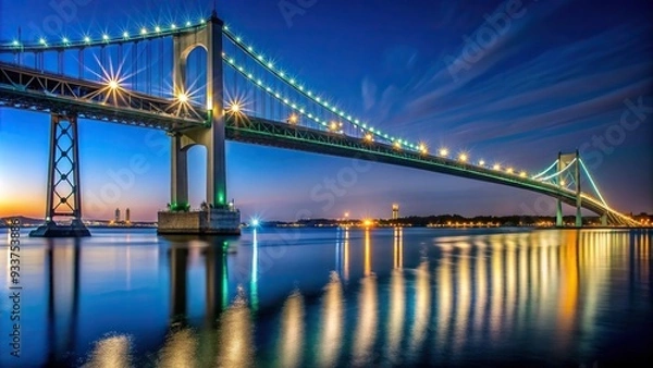 Fototapeta Claiborne Pell Bridge, tourism, night skyline, highway, urban, The Claiborne Pell Bridge illuminated at night captured from a worm s eye view perspective in Newport Rhode Island