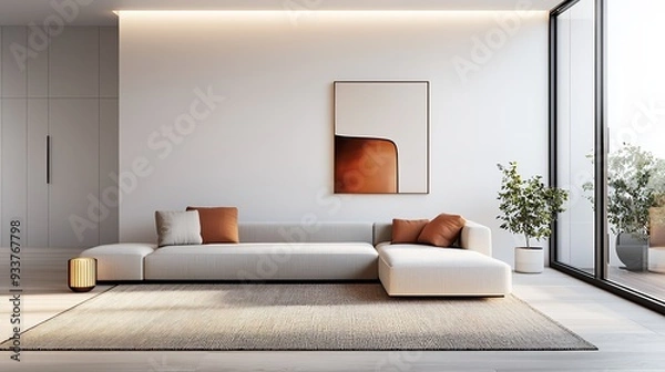 Fototapeta Modern Living Room Interior Design with Sectional Sofa and Abstract Artwork.