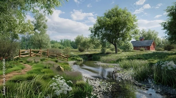 Fototapeta Idyllic Countryside Scene with a Wooden Bridge Over a Stream and a Red Barn in the Distance - 3D Illustration