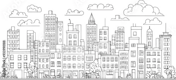 Fototapeta City landscape. Line urban backdrop. Skyline with clouds, different buildings on street, doodle street draw, outline cityscape hand sketch, flat houses. Hand drawn vector illustration