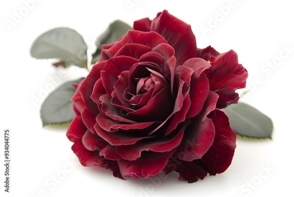 Obraz Elegant Deep Red Rose with Lush Green Leaves on a White Background