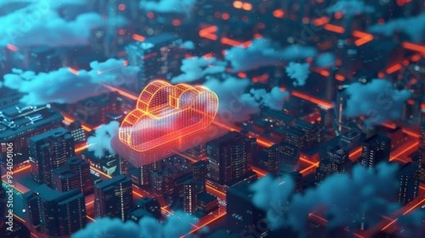 Fototapeta Glowing data clouds hover above a lively cityscape, creating a stunning blend of technology and urban architecture as night descends