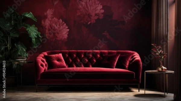 Fototapeta Elegant Velvet Sofa in a Chic Modern Interior