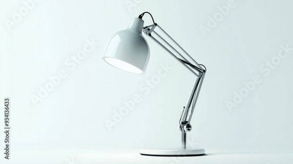 Fototapeta Modern White Desk Lamp on a White Background - A white desk lamp with a chrome arm and base, on a white background. This image symbolizes modern design, simplicity, illumination, and productivity.