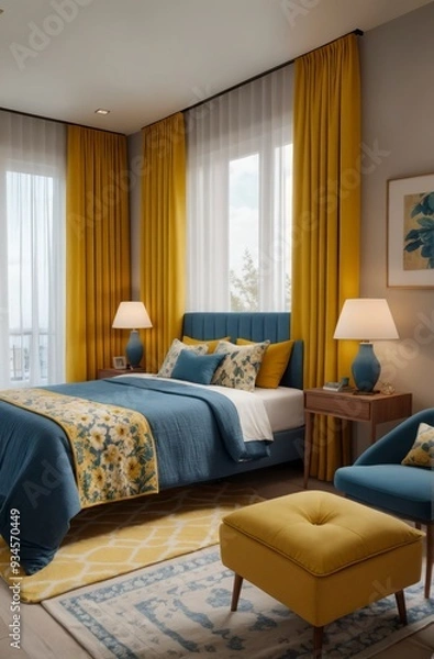 Fototapeta A bedroom with a yellow and blue color scheme