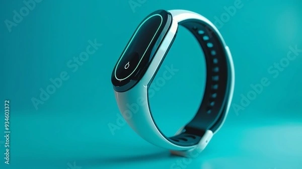 Fototapeta A white fitness tracker with a black band sits on a blue surface.