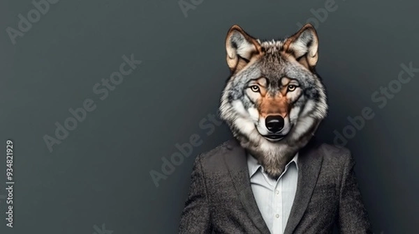 Fototapeta A surreal image of a man in a suit with a wolf's head, blending human and animal characteristics for a striking visual impact.