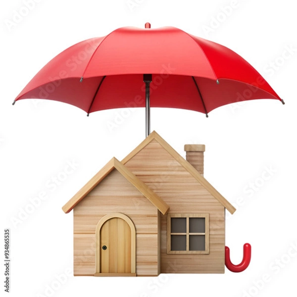 Fototapeta Wooden house icon under red umbrella insurance concept