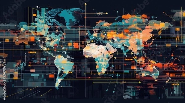 Fototapeta Global Market Trends: A map showing global market trends with arrows indicating movement.