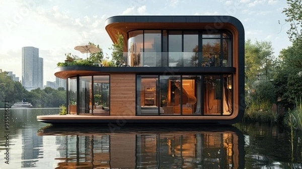 Fototapeta Innovative Eco-Friendly Living: Modern Sustainable Floating Home Community