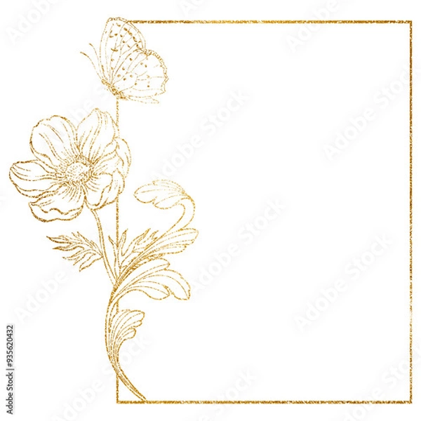 Fototapeta Gold flower png frame, aesthetic vintage floral design on transparent background