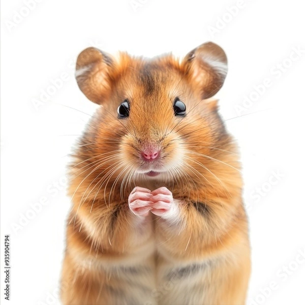 Fototapeta Serious Hamster Standing on Its Feet with Hands on Shoulders and Human Eyes: Unique and Expressive Hamster Featuring a Serious Expression and Human-Like Eyes, Posed Upright and Facing Forward. No Back