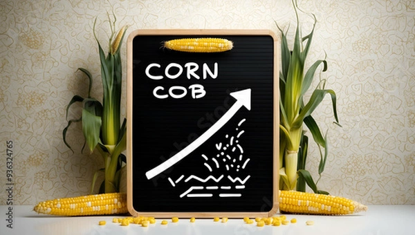 Fototapeta 3d Flat icon as Blackboard with Corn Cob and Upward Curve concept as A blackboard featuring a corn cob and an upward curve set against a whimsical background offering ample space for text or graphics 