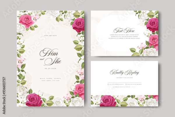 Fototapeta Wedding invitation card template with beautiful roses flowers	