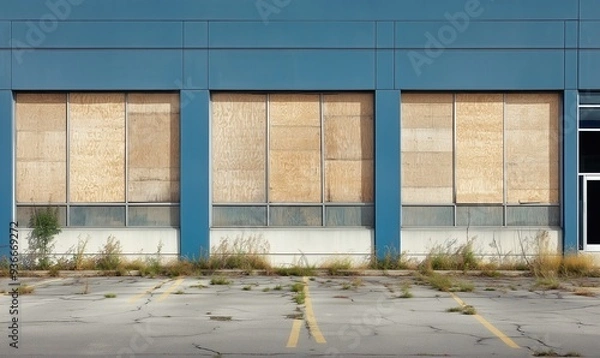 Fototapeta A building with three windows that are boarded up. The building is empty and abandoned