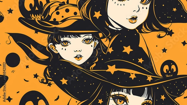 Fototapeta Seamless Halloween Witch Tile Pattern in Anime Manga Style