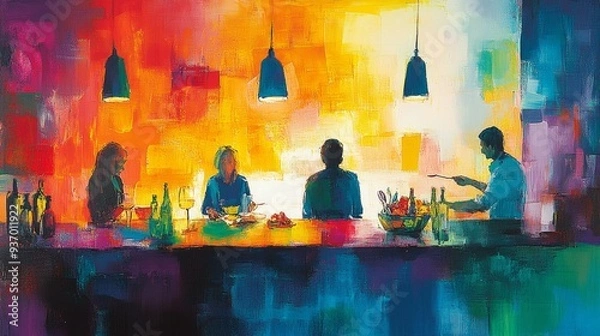 Fototapeta Abstract Painting of People Dining in a Restaurant with Colorful Lights