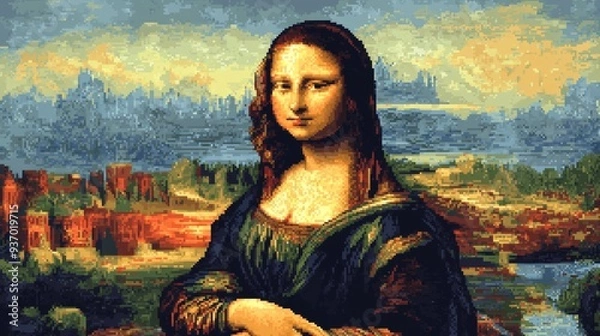 Obraz Pixelated Mona Lisa Portrait with Cityscape Background