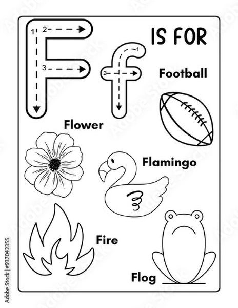 Fototapeta A simple coloring page with the text "F " and illustrations of a football, flower petals, a flamingo, and a fire flame on a white background