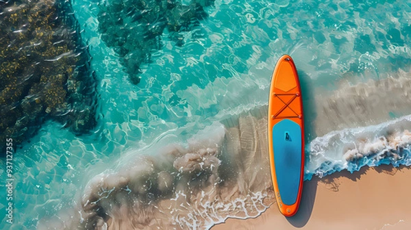 Fototapeta An orange and blue paddleboard on the beach, a bird's eye view, high definition photography, clean white sand, clear turquoise sea water, waves lapping at shore edge, and a sense of calmness.