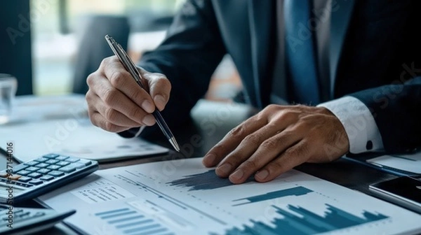 Fototapeta Professional pointing at a rising credit score chart during a financial planning session