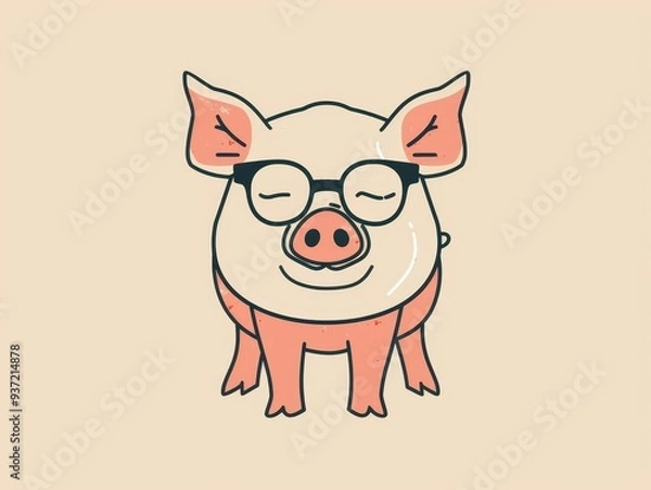 Fototapeta Cute Cartoon Pig Wearing Glasses