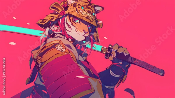 Obraz Cute tiger wearing Japanese samurai armor, cool poses, cute kawaii, simple, smiling happy. high quality, neon psychedelic background