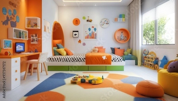 Fototapeta A vibrant, safe kid's room with convertible furniture and colorful decor 2. Generative AI