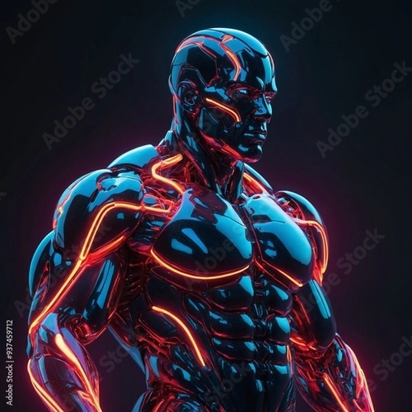 Fototapeta Abstract neon light Cyborg Bodybuilder, glowing space background