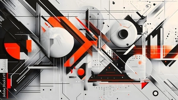 Fototapeta A digital collage of abstract shapes and lines, with bold geometric patterns in black, white, gray, orange, red, and blue creating an edgy atmosphere