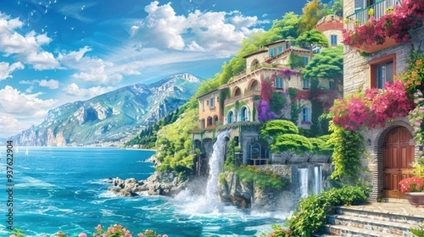 Fototapeta Beautiful collage with access to the sea, the ancient houses of Italy, flowers and waterfalls. Digital fresco. Wallpaper. Poster design. 3d rende , ai