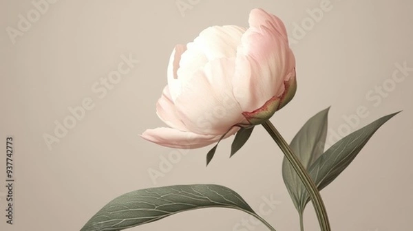 Fototapeta Peony Bud with Soft Pink Petals Against a Neutral Background