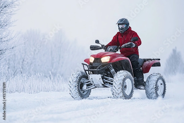 Fototapeta Quad bike rides on white snow in winter. Sport
