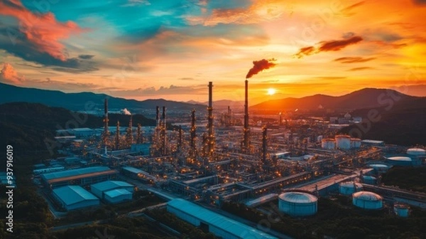 Fototapeta Industrial Zone: Oil Refinery at Sunset