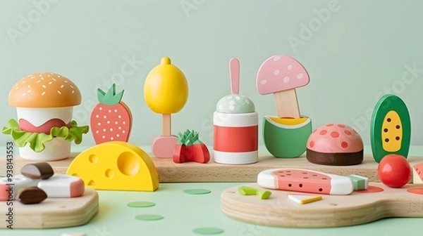 Fototapeta Cute kids' wooden toy fruits and vegetables